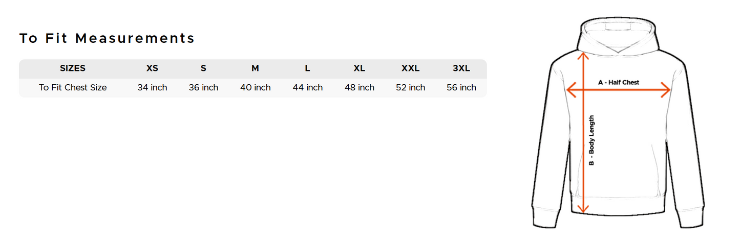 Hoodie size chart with measurements on a white background