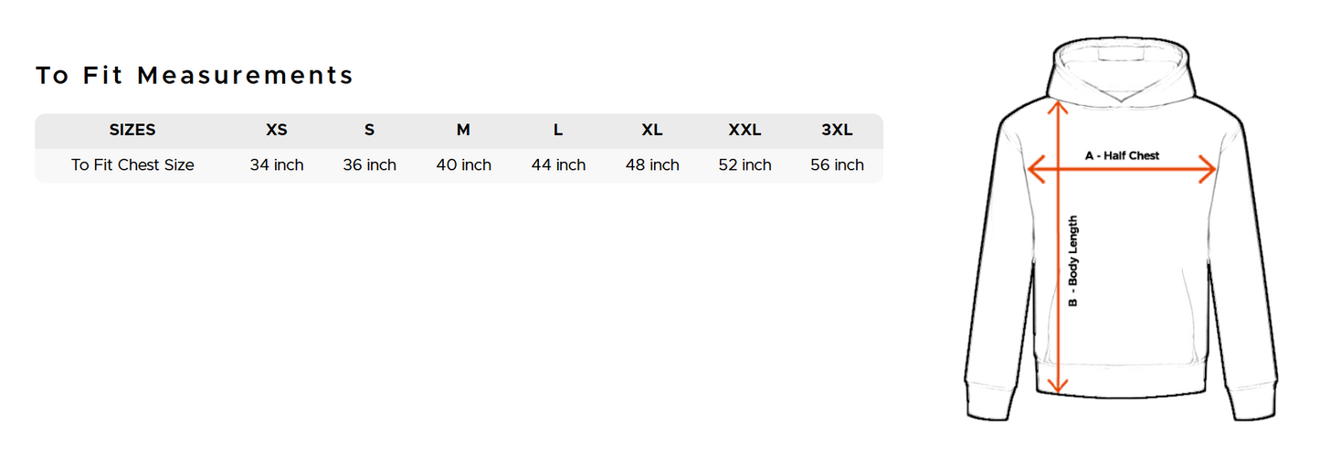 Hoodie size chart with measurements for chest size and corresponding sizes.