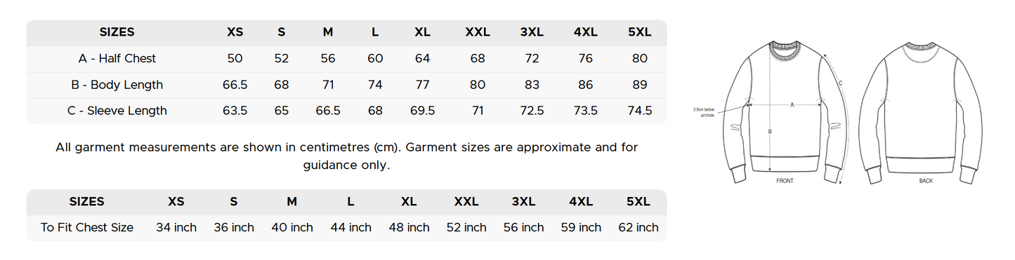 Sweatshirt size chart with measurements and two sweatshirt illustrations.