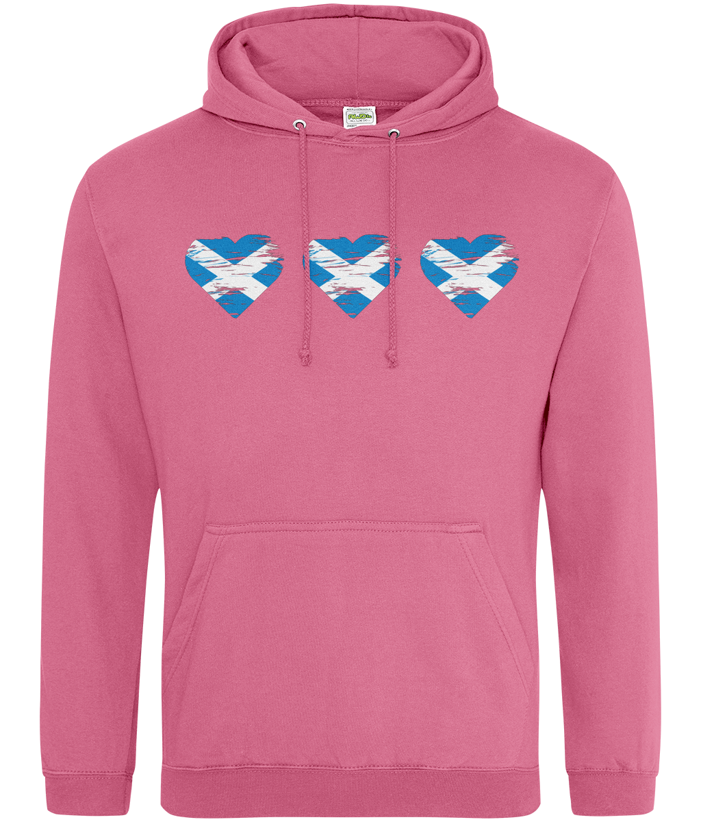 Pink hoodie with three heart-shaped designs featuring the Scottish flag on a white background