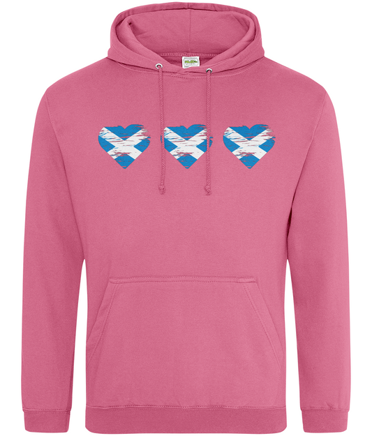 Pink hoodie with three heart-shaped designs featuring the Scottish flag on a white background