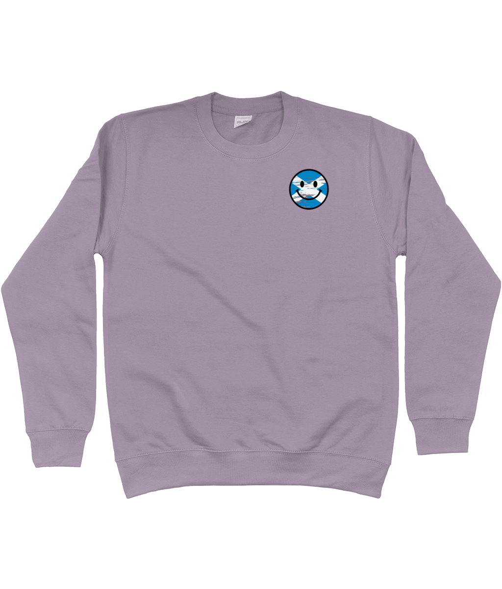 Dusty Lilac sweatshirt with a front print Saltire smiley face on a white background