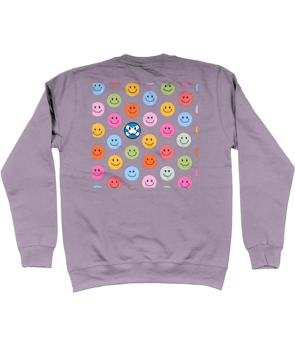 Dusty Lilac sweatshirt with a back print colourful smiley face pattern on a white background
