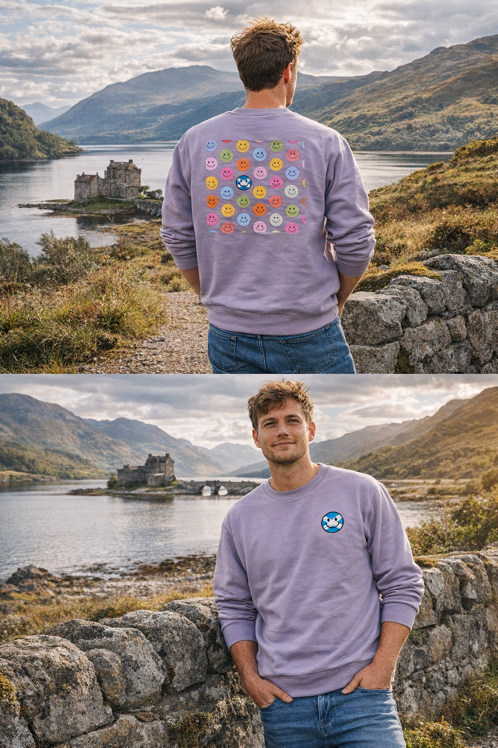 A man wearing a Dusty Lilac sweatshirt showing front and back designs in a scenic outdoor setting.