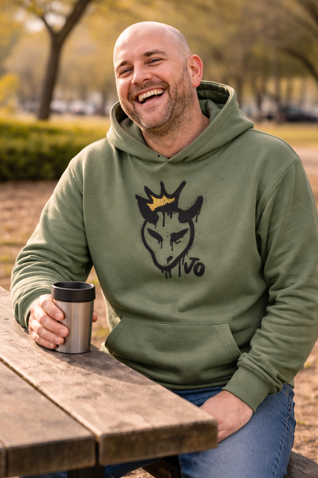 Man wearing a green hoodie with a logo, sitting at a wooden table outdoors.
