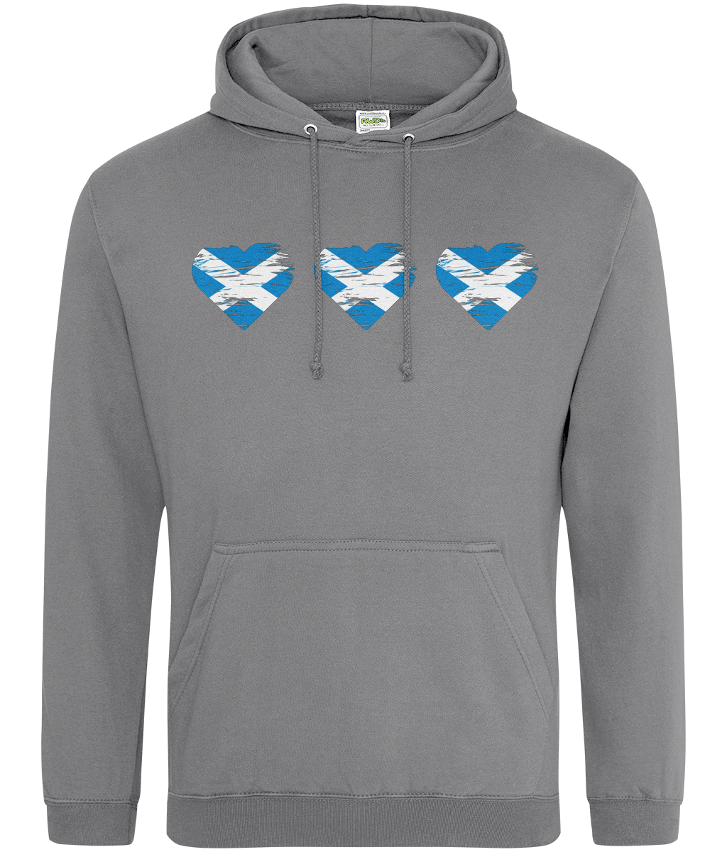 Gray hoodie with heart-shaped designs featuring a blue and white pattern on a white background
