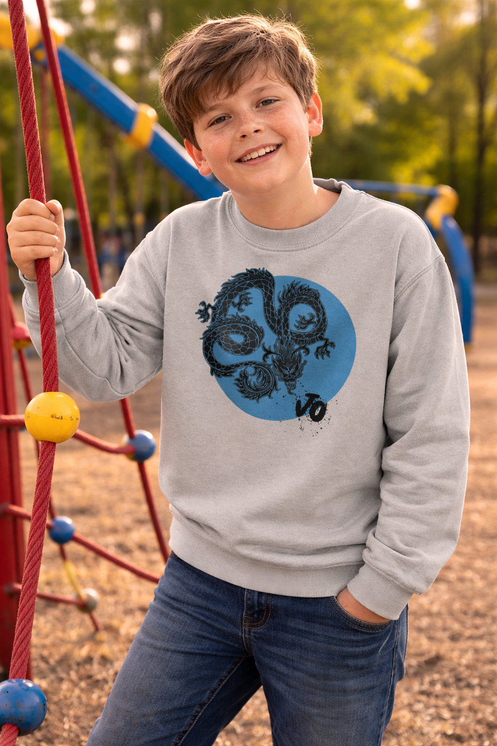 Child wearing a gray sweatshirt with a graphic design on a playground