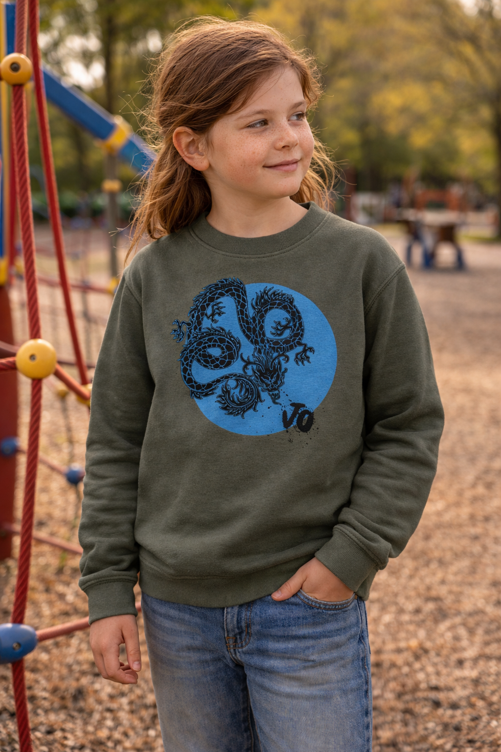 Child wearing a green sweatshirt with a blue dragon design on a playground.