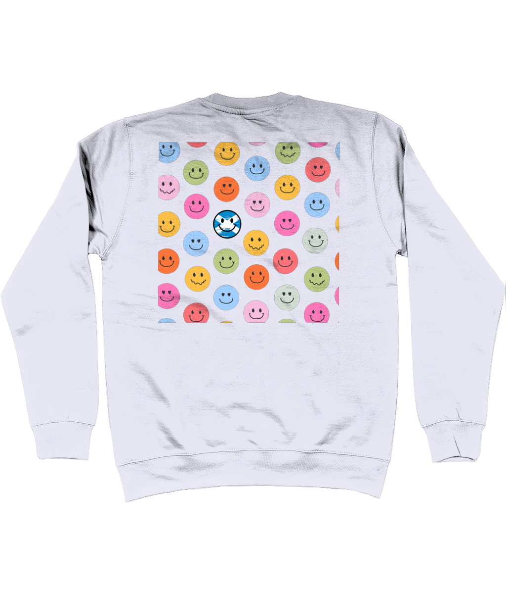 Moondust Grey sweatshirt with a back print colourful smiley face pattern on a white background