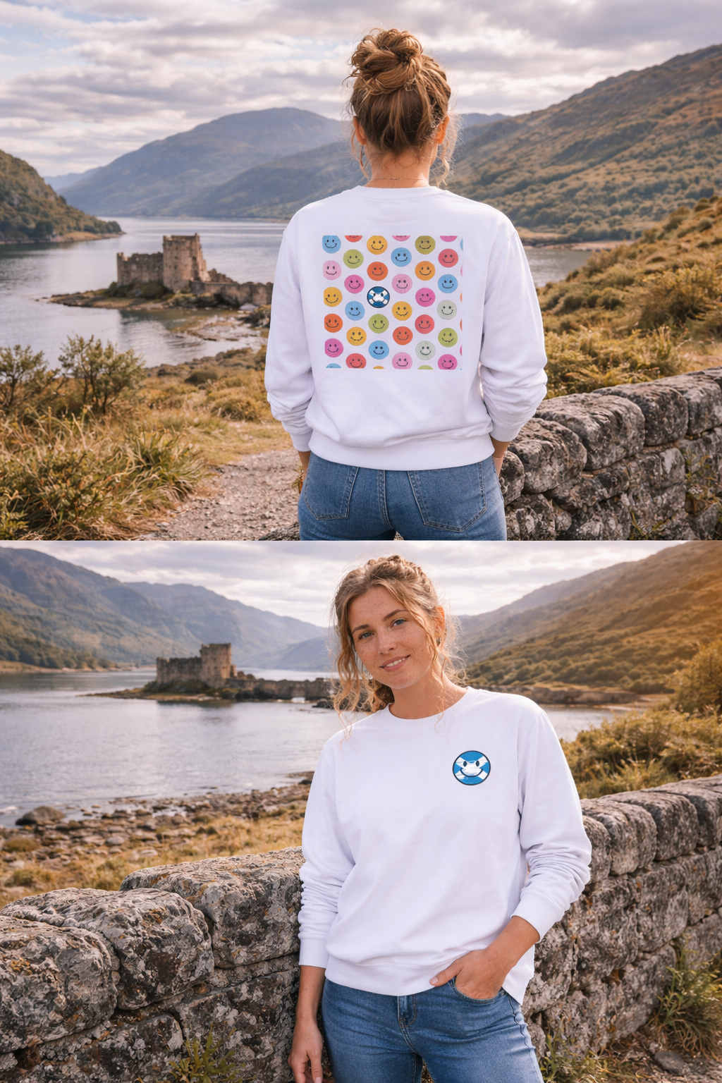 Woman wearing Moondust Grey sweatshirt showing front and back designs in a scenic outdoor setting.