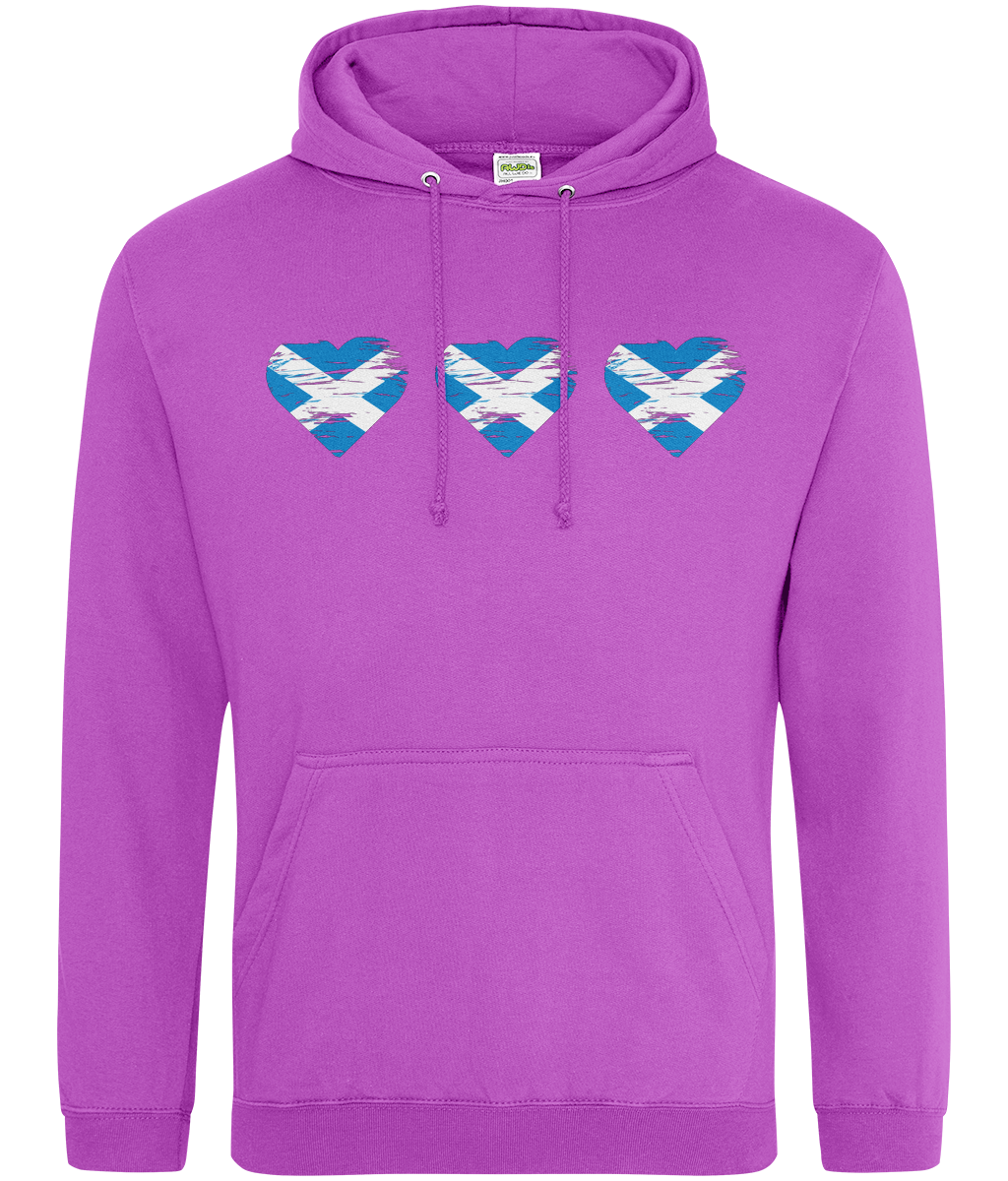 Purple hoodie with three heart-shaped designs featuring the Scottish flag on a white background