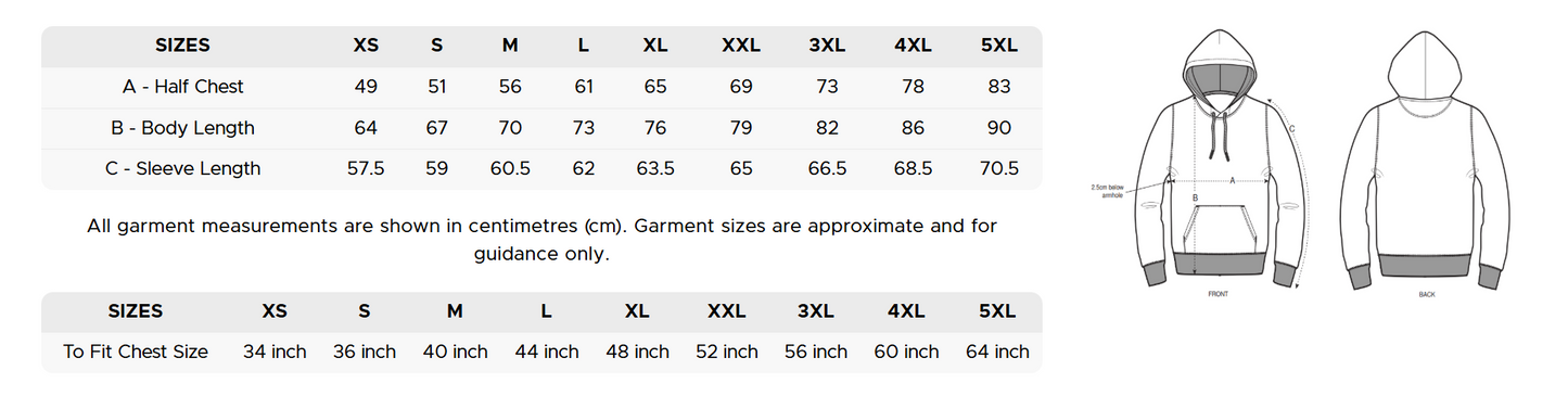 Size chart for a hoodie with measurements in centimeters and inches.