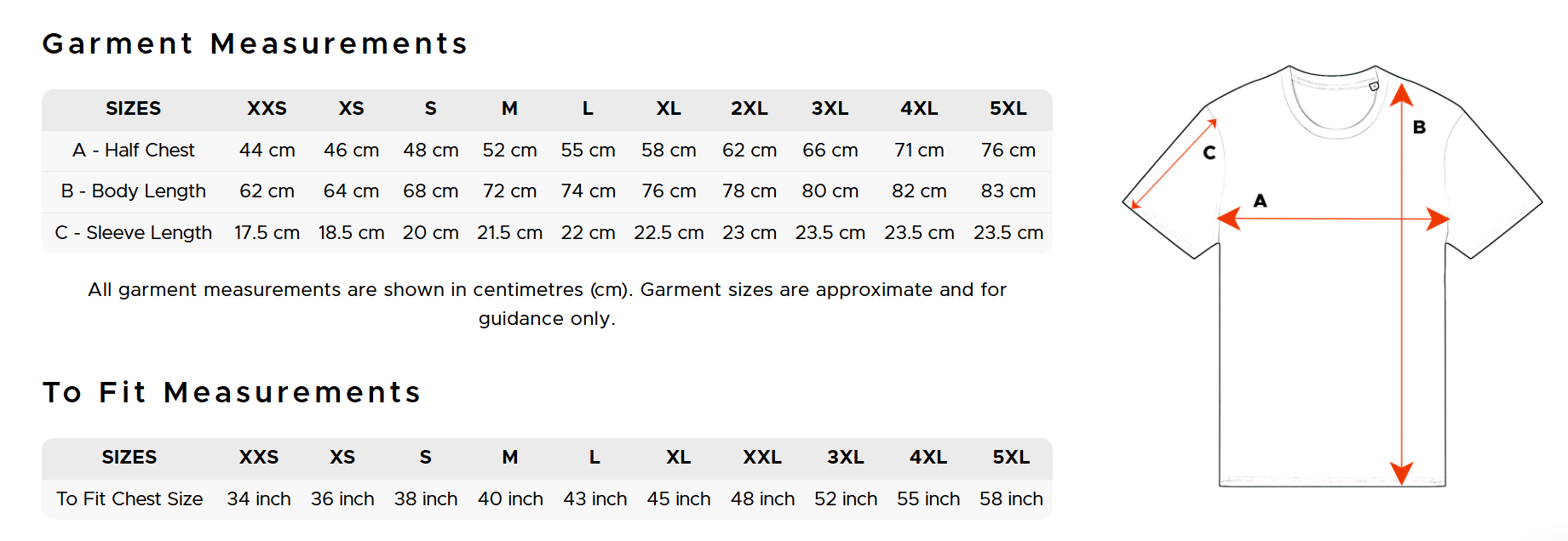 Garment measurement chart for shirts with size chart and diagram