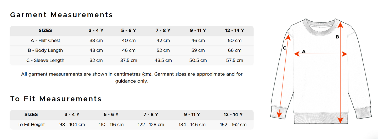 Measurement chart for children's clothing with sizes 3-4Y to 12-14Y, including chest, body length, and sleeve length dimensions.