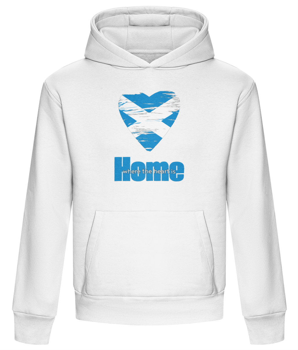 Arctic white hoodie with a saltire heart design and 'Home' text.