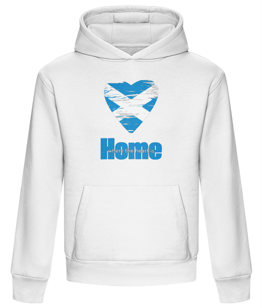 Arctic white hoodie with a saltire heart design and 'Home' text.