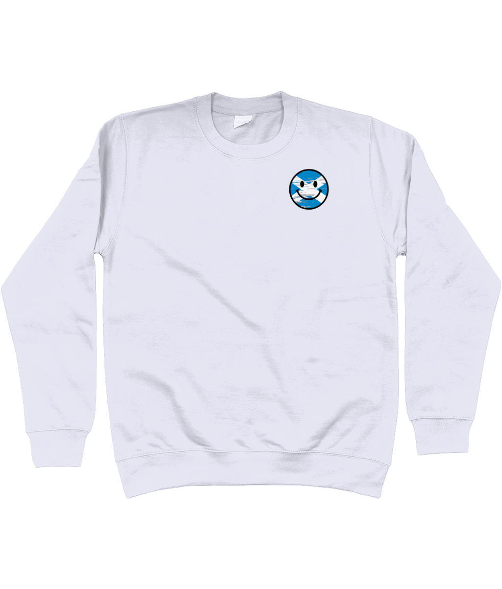 Moondust Grey sweatshirt with a front print Saltire smiley face on a white background